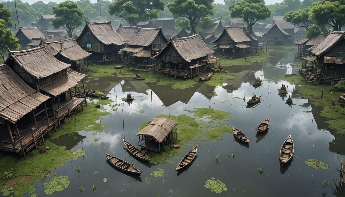 Swamp Village in Rain, 3D Anime Art