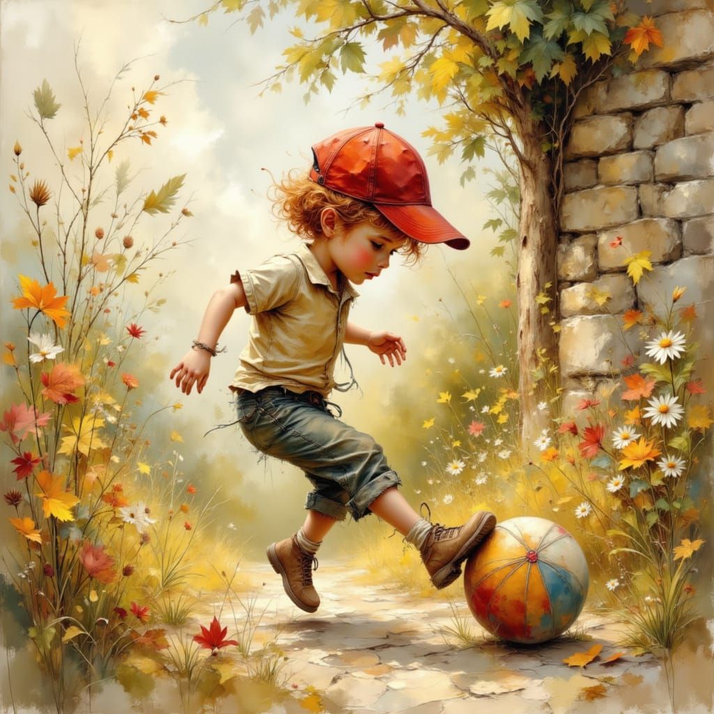 Cute Toddler Boy in Red Cap Plays Soccer Near Stone Wall