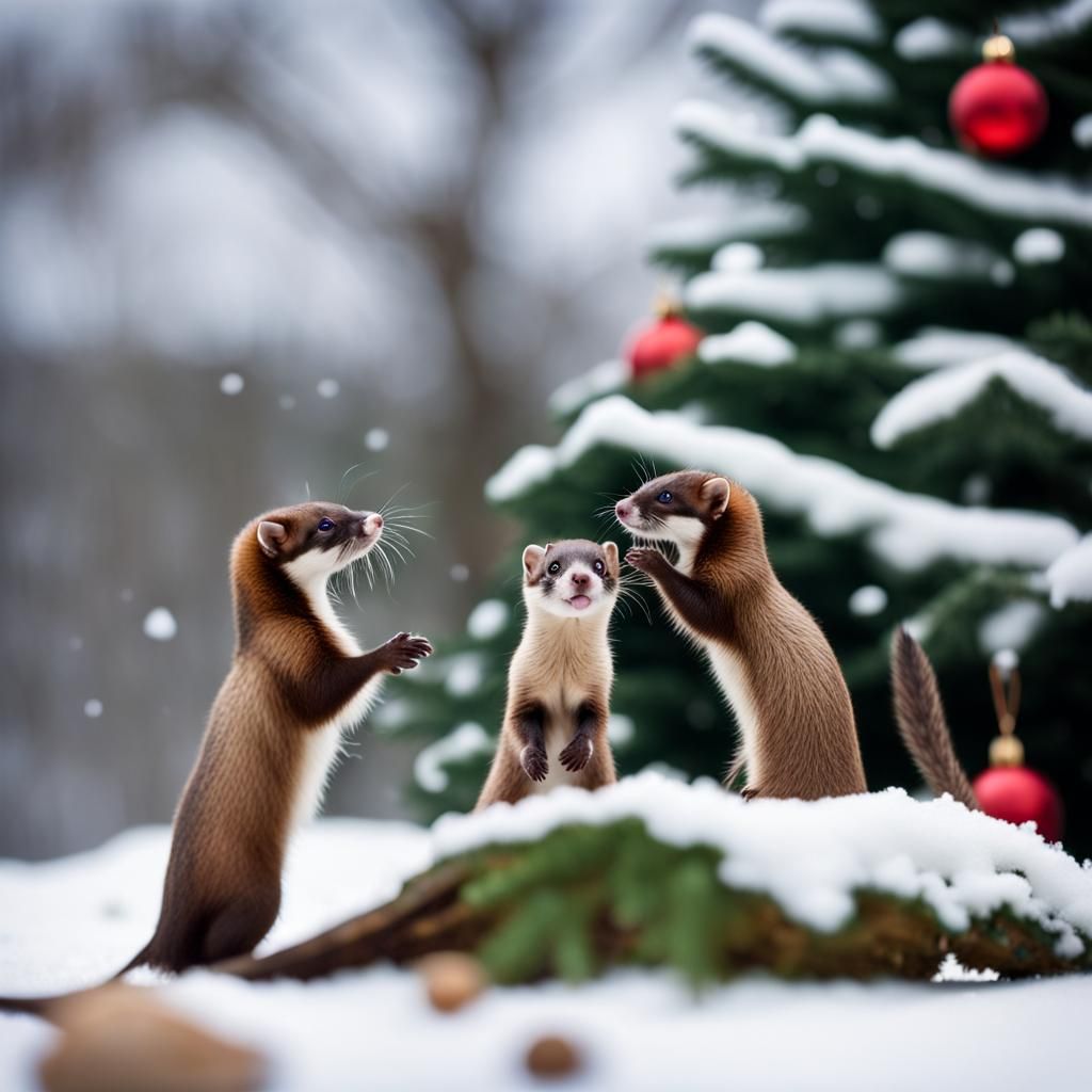 Weasels Play in Snowy Winter Scene with Christmas Tree