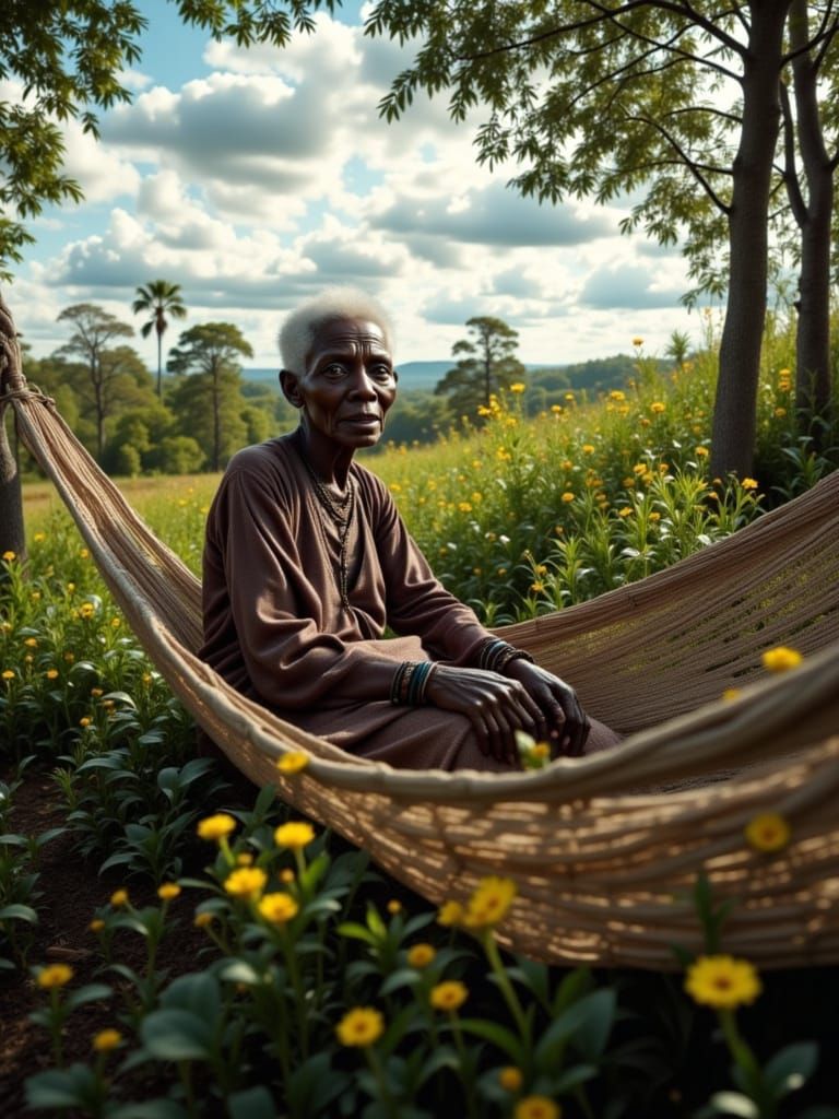 Aged Black Woman Serene in Lush Forest Hammock