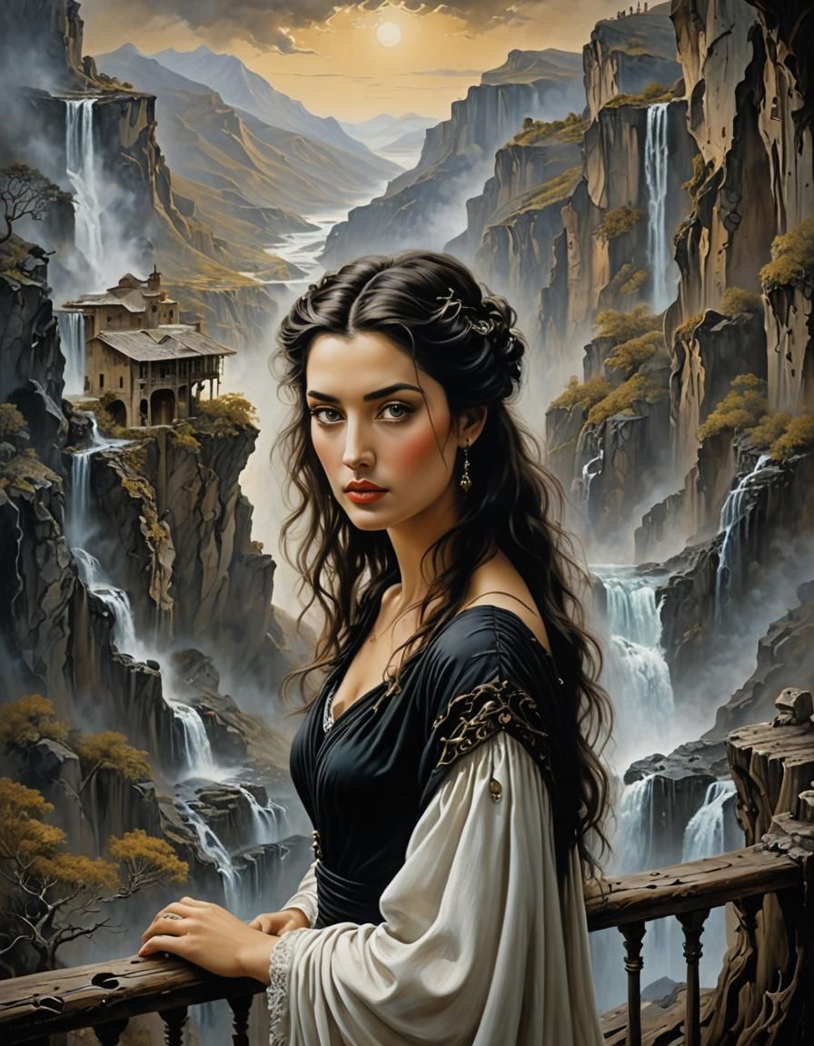 Surreal Oil Portrait of Woman on Mountain Balcony