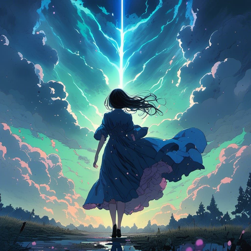 Anime Woman in Thunderstorm with Stardust