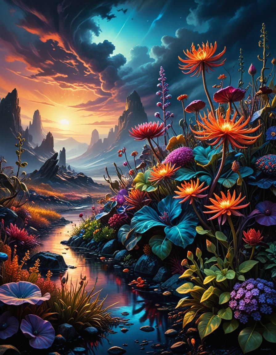 Surreal Plants in Vibrant Oil Painting Landscape