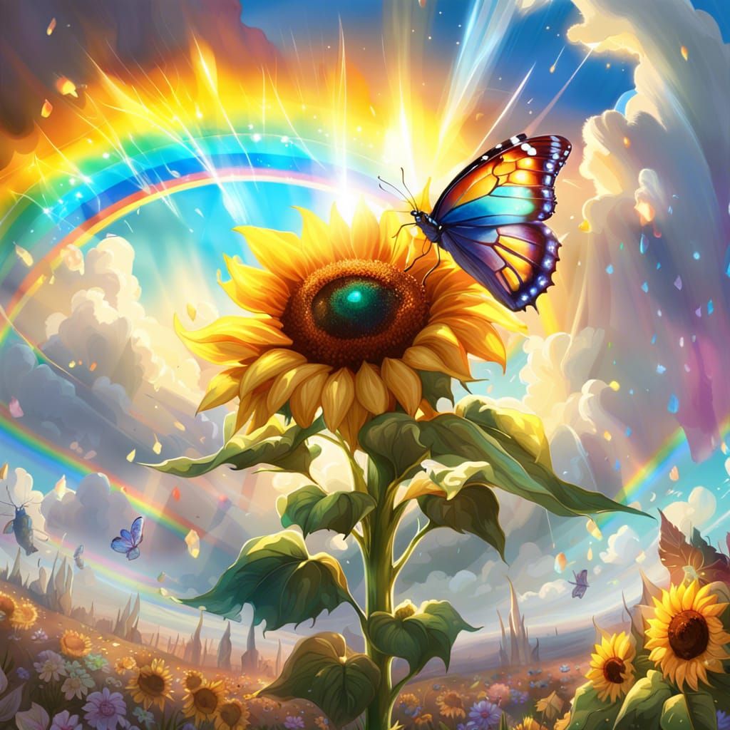 Magical Crystalline Sunflower with Butterfly and Rainbow