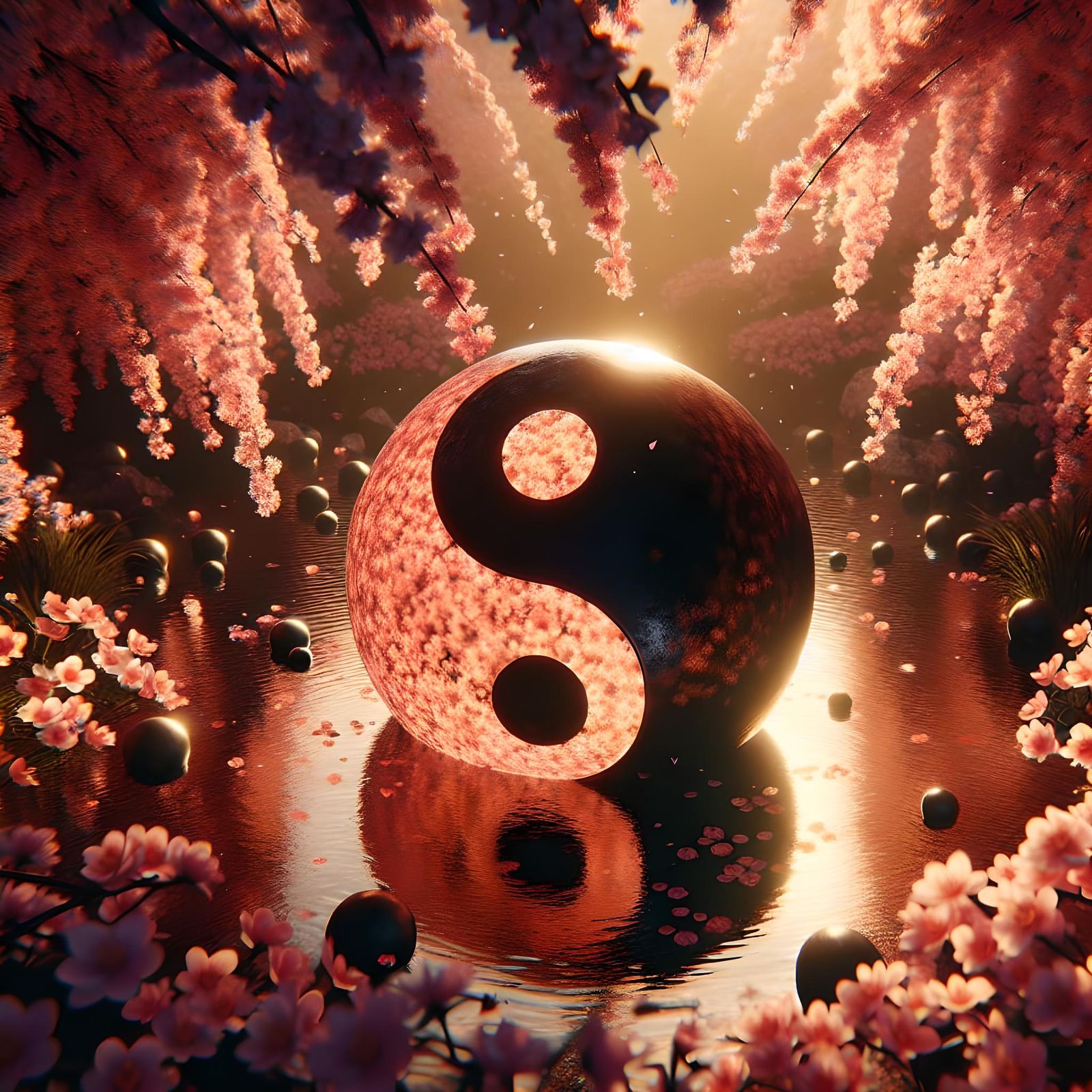 Yin Yang Symbol on Cherry Blossom Pond as CGI
