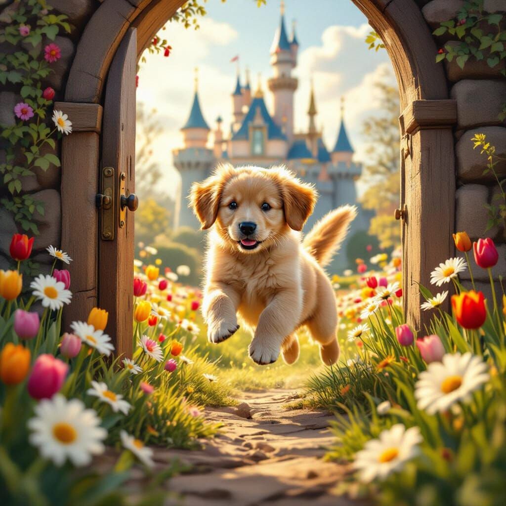 Golden Retriever Puppy's Fairytale Discovery: Hyperrealistic...