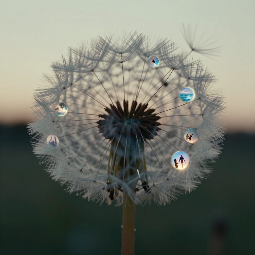 Surreal Dandelion Seed Portals in Dawn Light