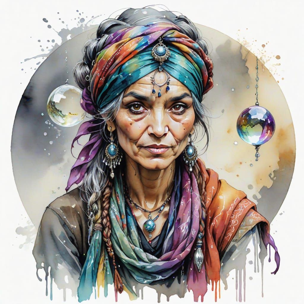 Gypsy Fortune Teller Portrait as Watercolor Painting