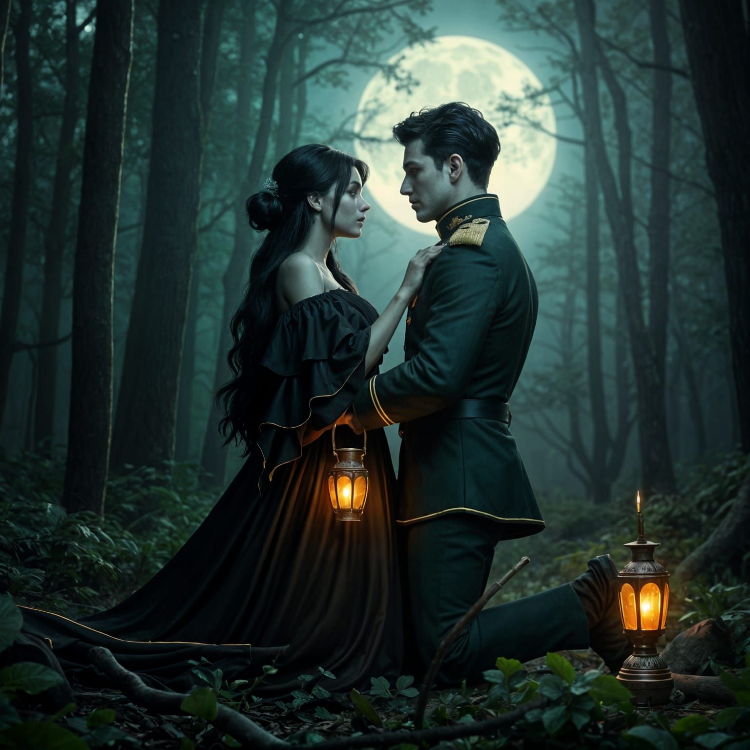 Ethereal Fantasy Couple Embracing in Midnight Forest