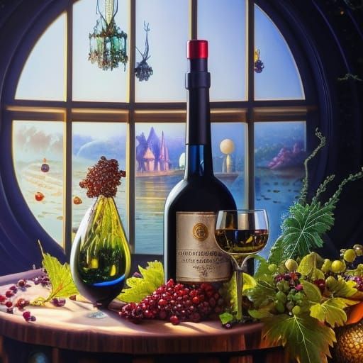 Fantasy Wine Bottle Still Life in Oil Painting Style