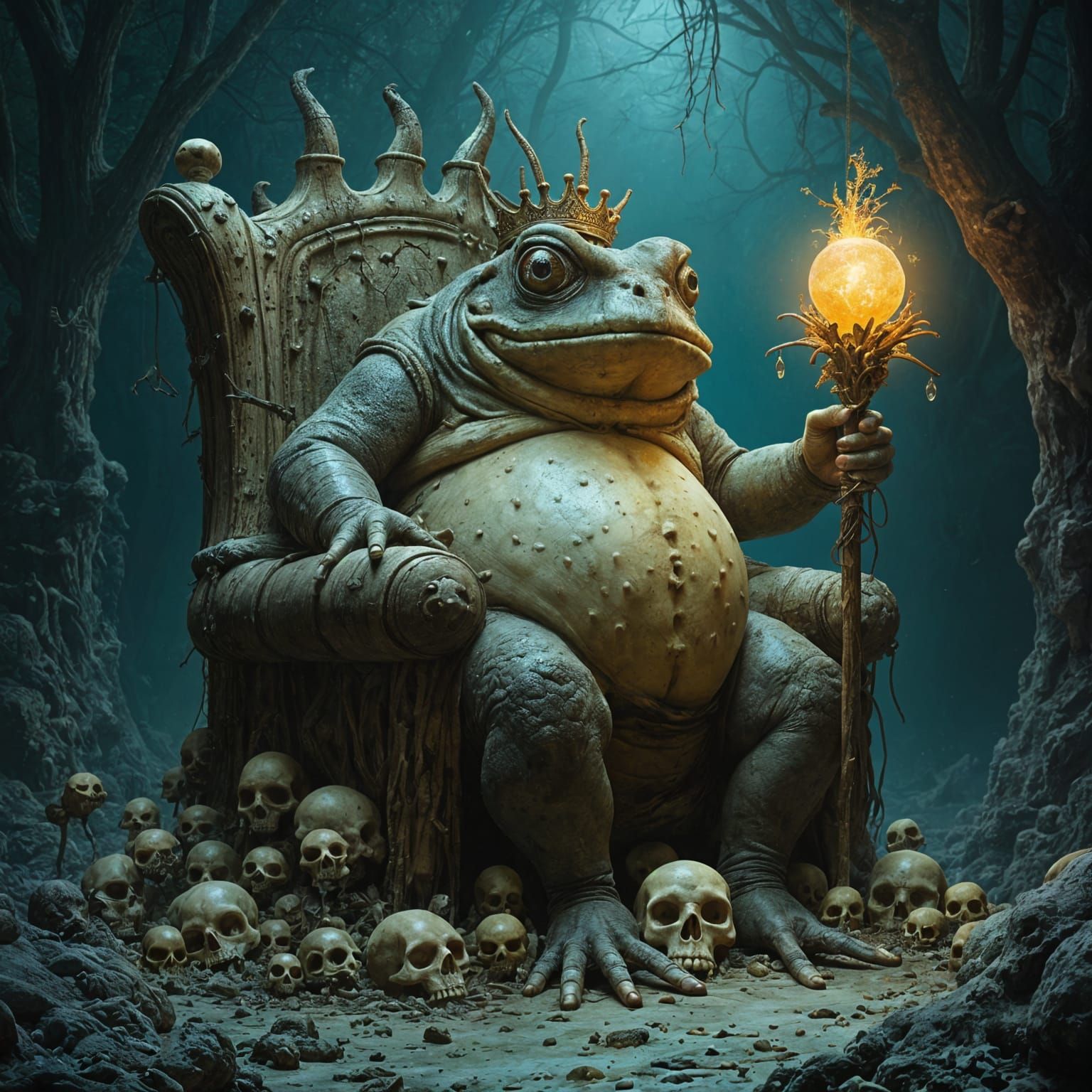 Gargantuan Toad Seated Upon Throne of Skulls in Dark, Surrea...