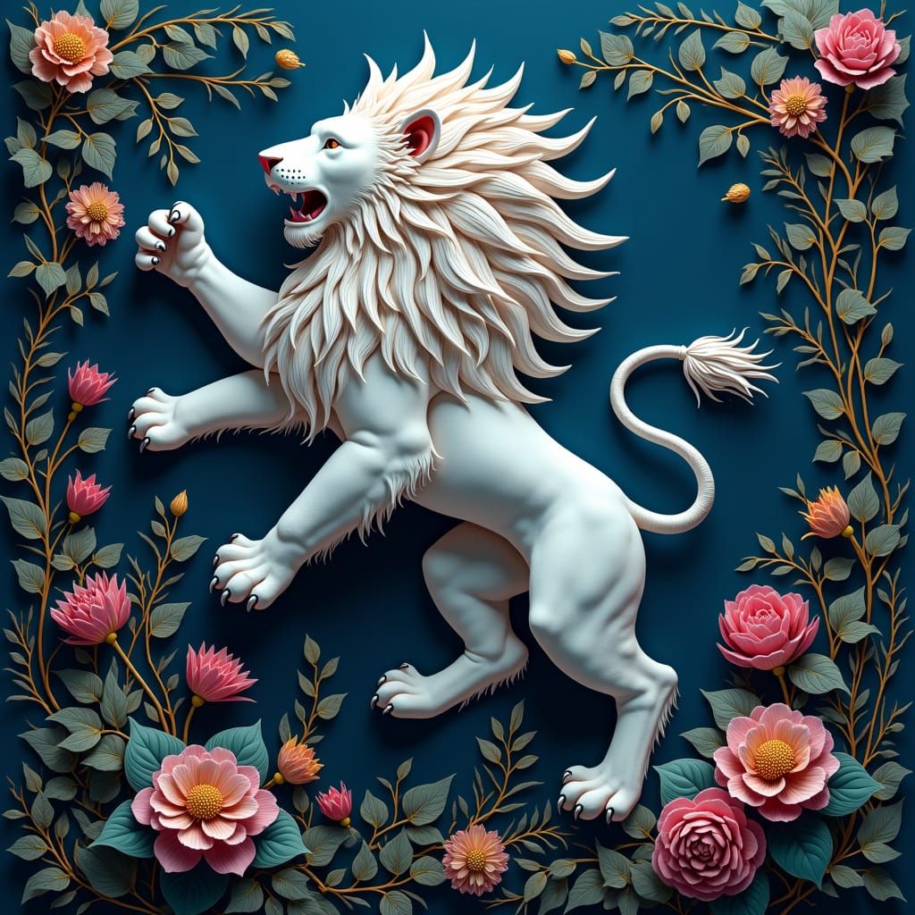Armored White Lion Roaring in Beksiński-Giger Style