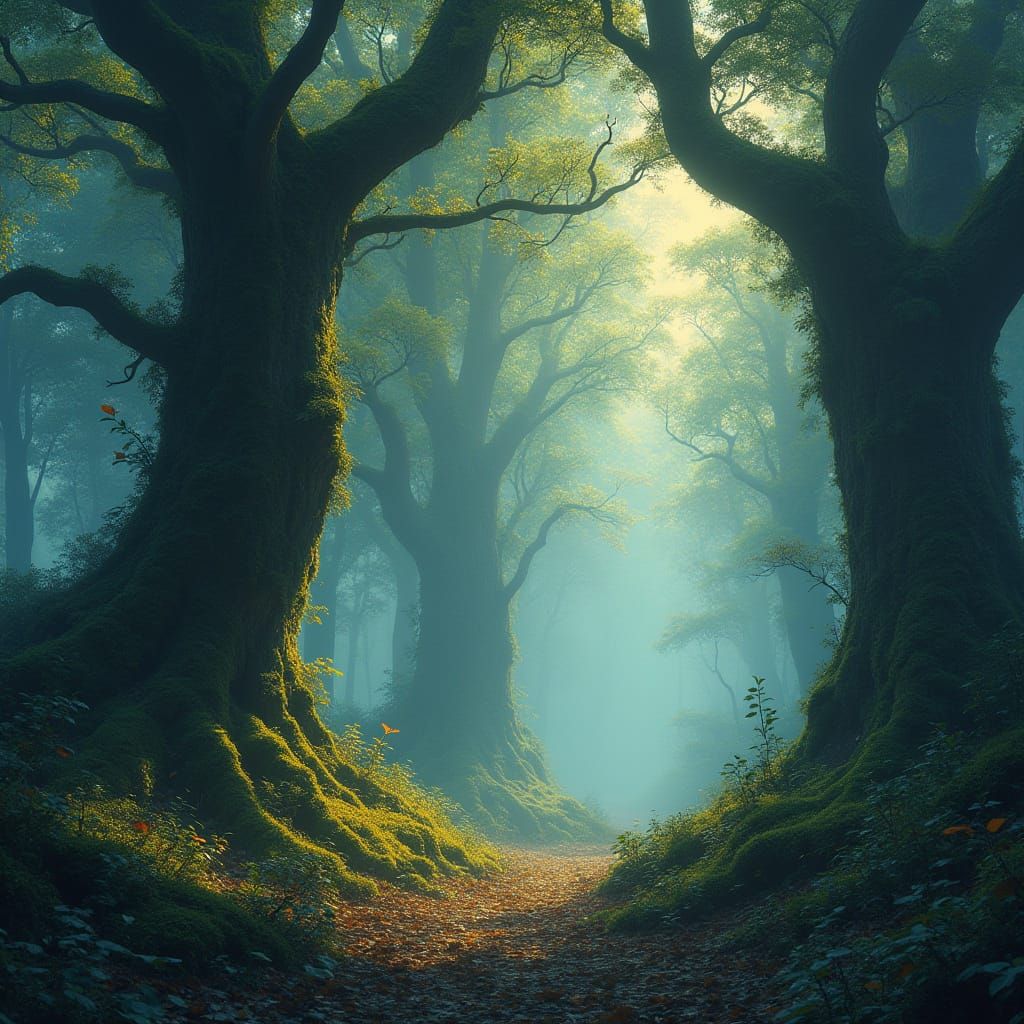 Ethereal Forest Scene with Luminous Moss in Matte Painting