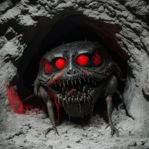 Cinematic Cave Monster with Red Eyes and Slime