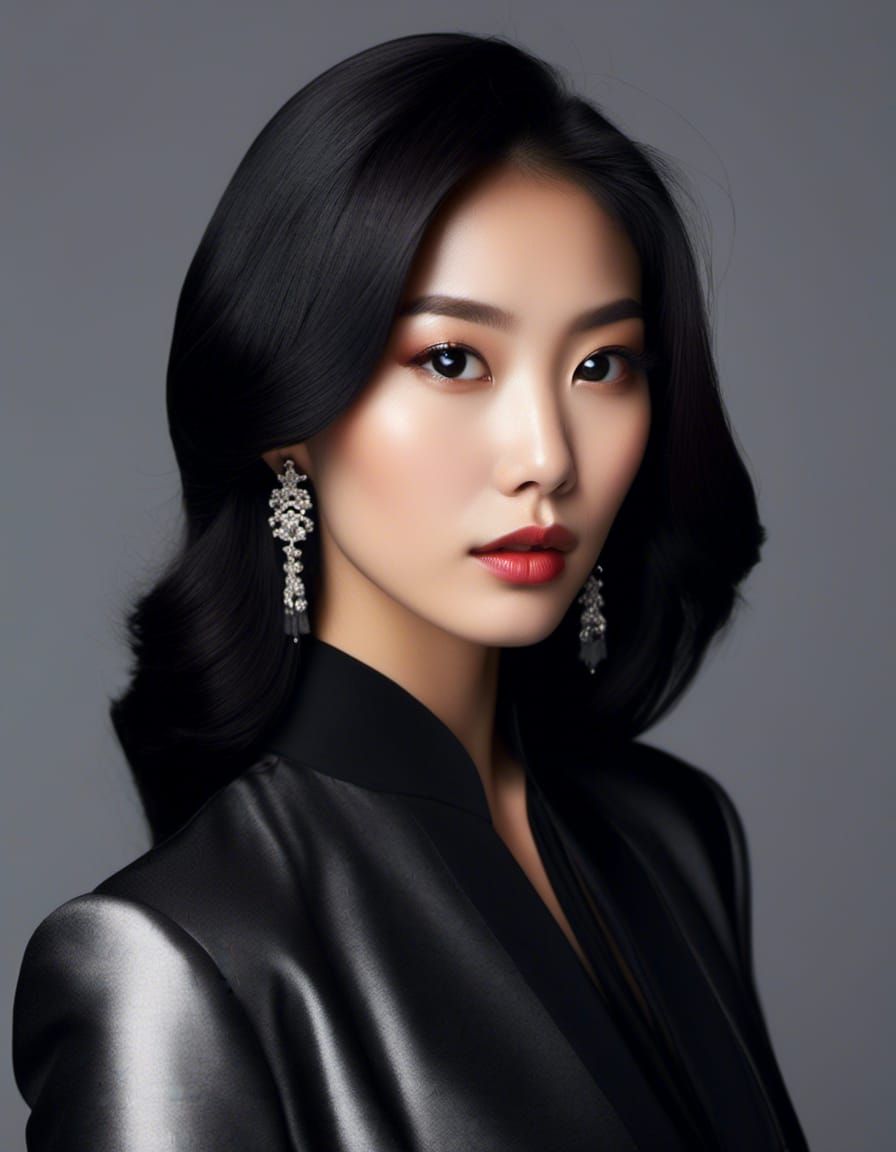 Portrait of a Beautiful silver eyed Asian heritage woman with long flowing black hair wearing solid black and silver Jap...