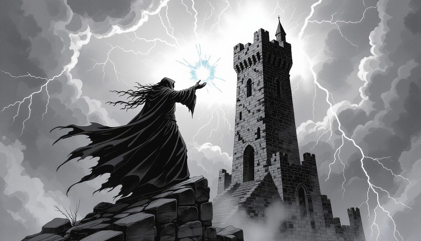 Sorcerer Casting Spell in Pen and Ink Style