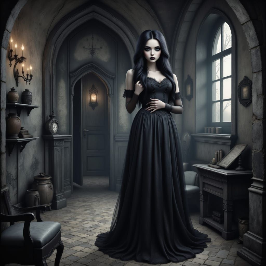 a beautiful goth female inside a Spooky gothic castle room 
...