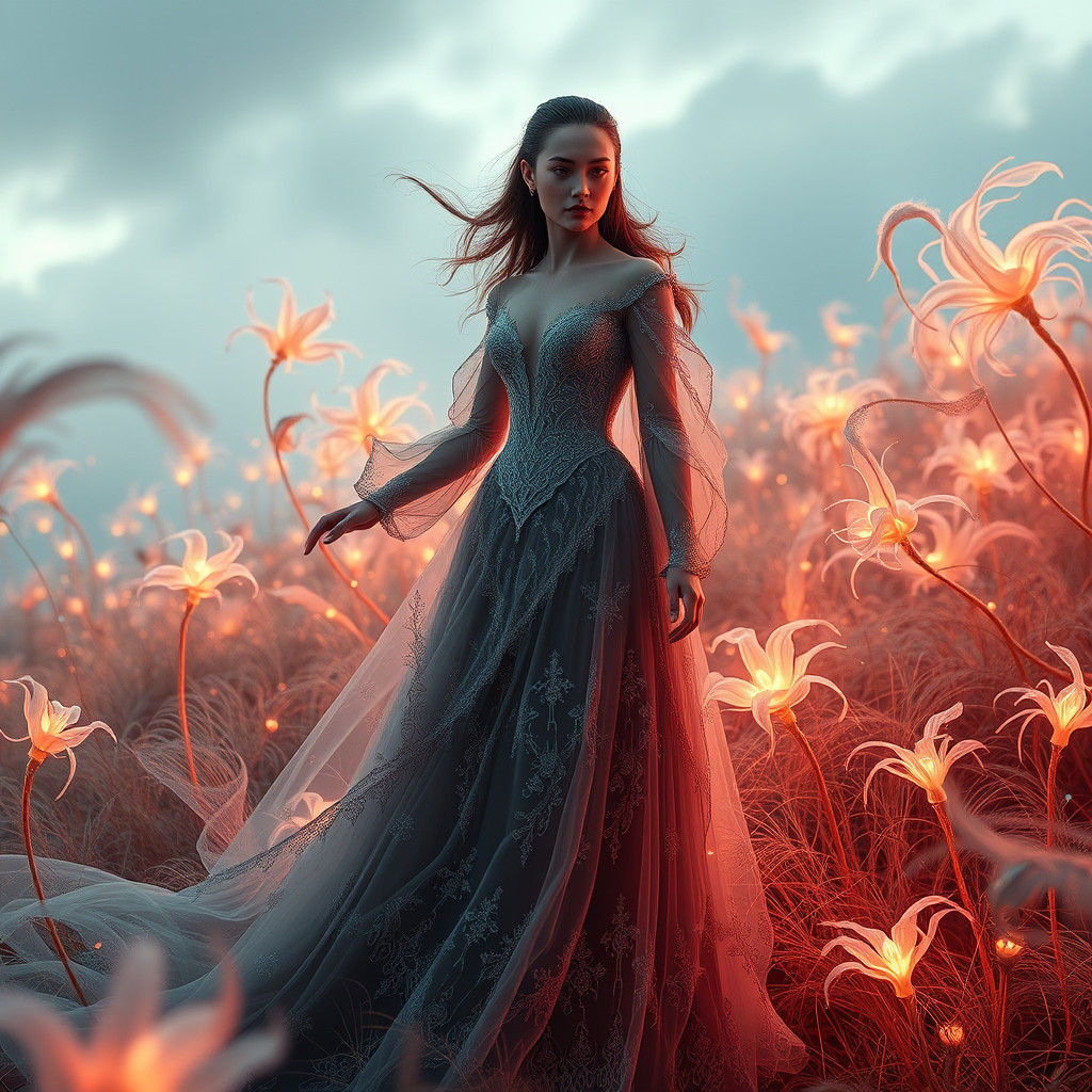 Lea Dress Fashion Model in Windswept Fantasy Landscape