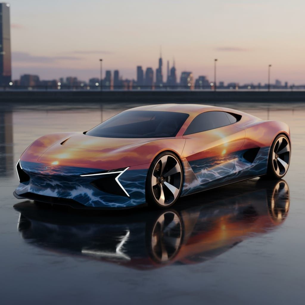 Hyper-Realistic Sunset Painted Sports Car
