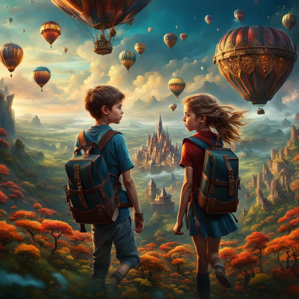 Children Fly Together in Dreamlike Fantasy Art
