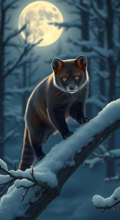 Pine Marten in Winter Moonlit Forest