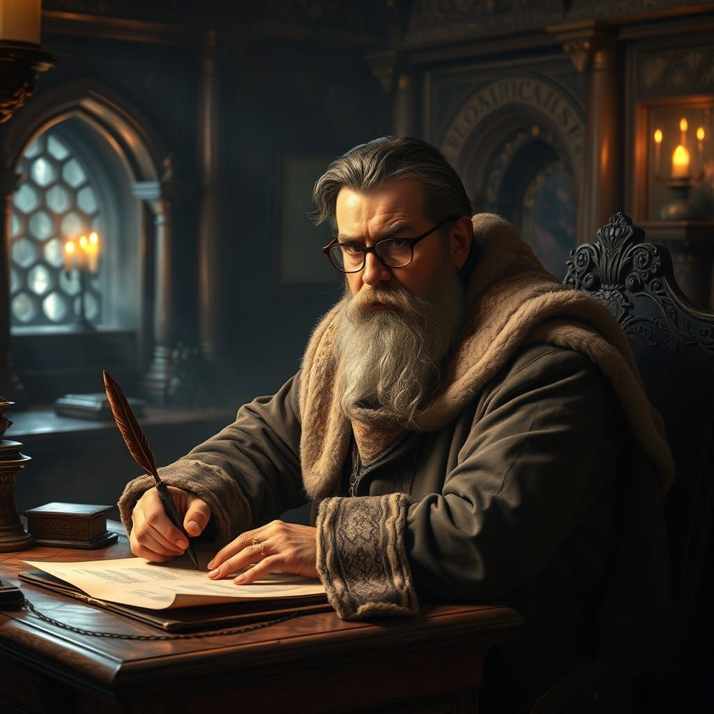 Mystical Scribe in Dimly Lit Chamber