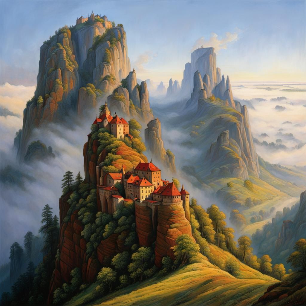Elbe Sandstone Mountains in Dreamy Fog