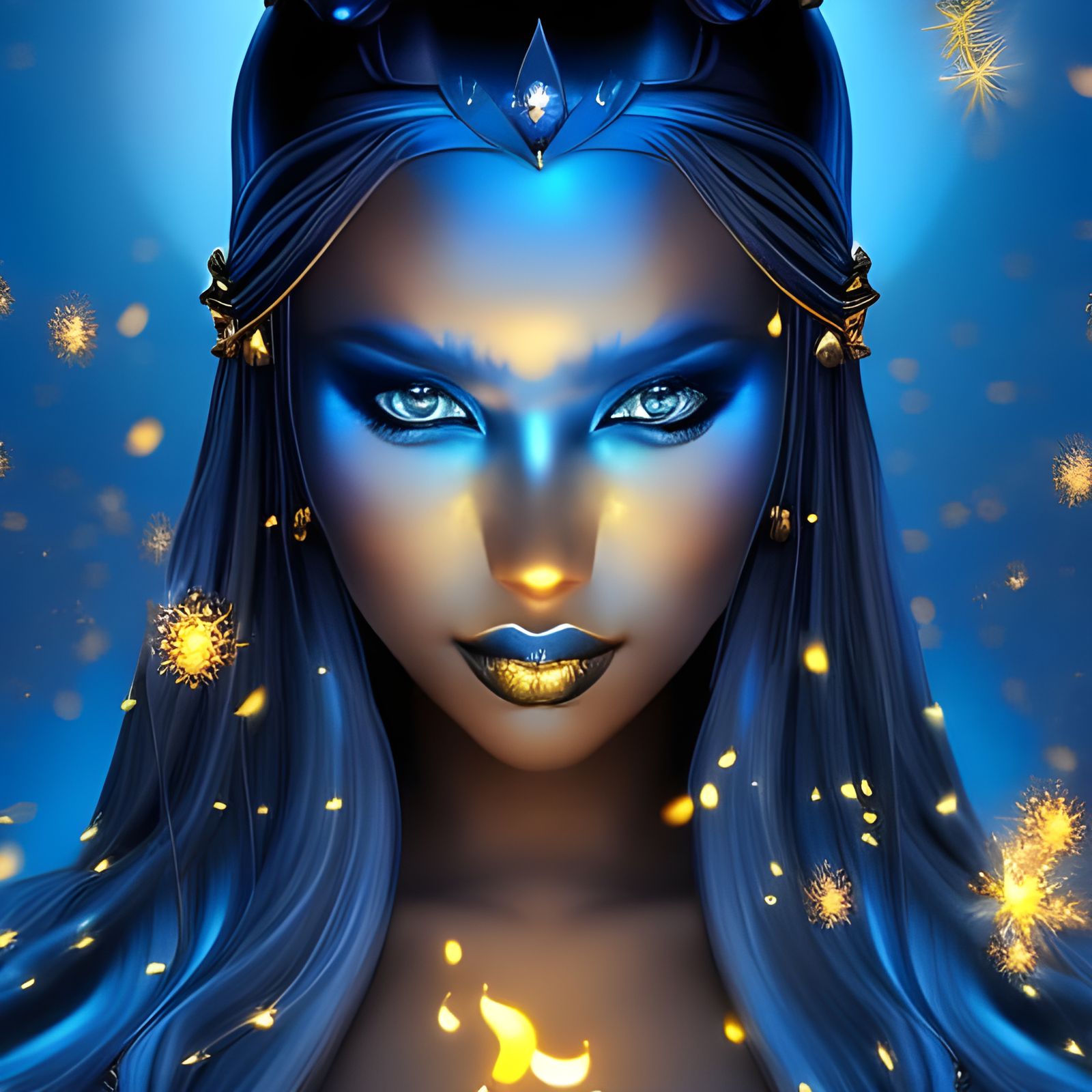 Hypnotic Woman with Golden Fireflies