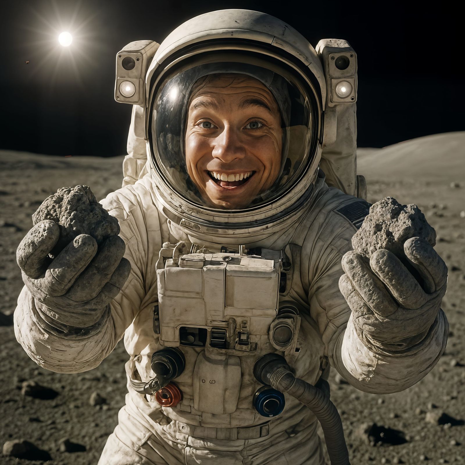 Happy Astronaut Holding Moon Rocks in CGI