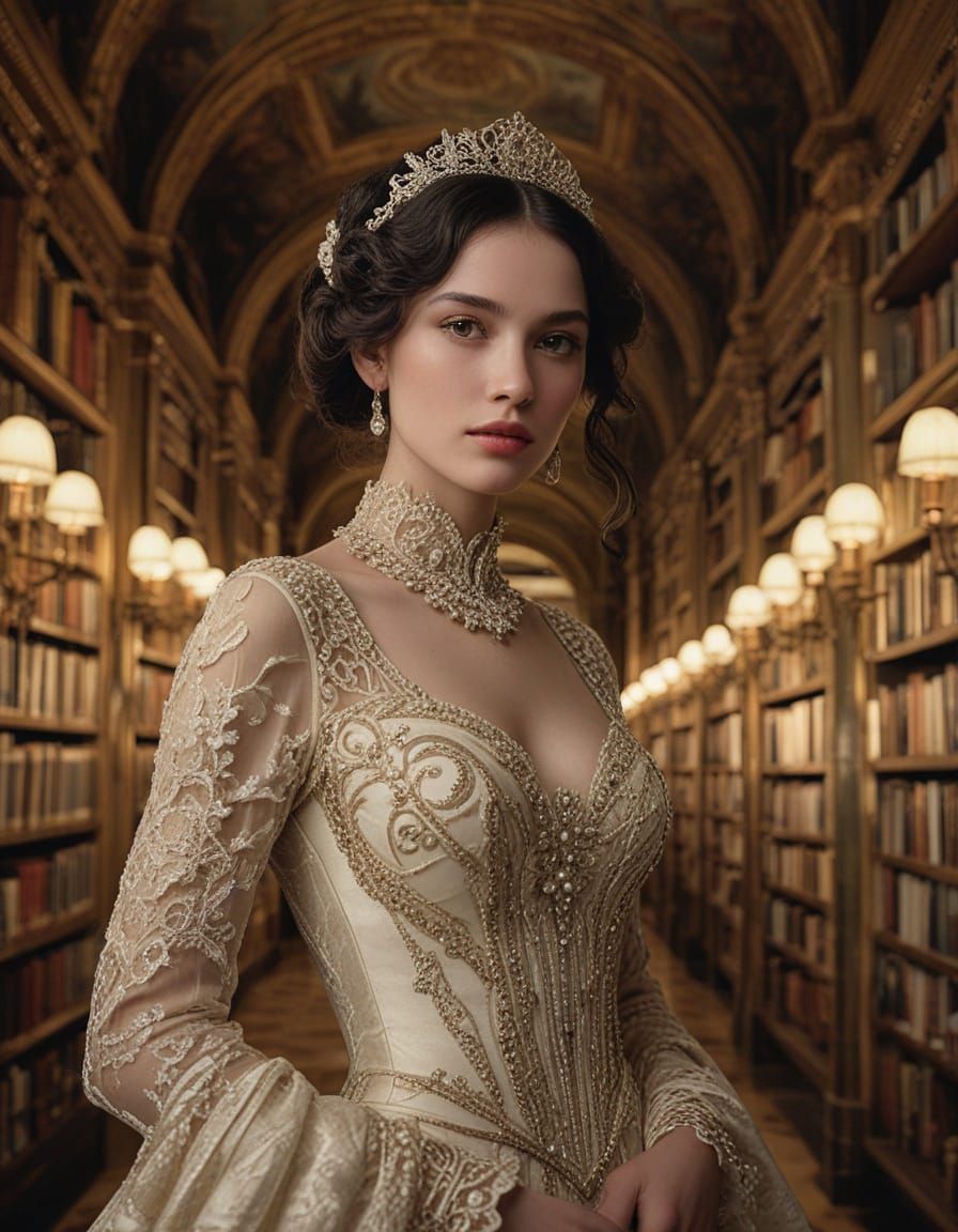 Elegant Young Woman in a Grand Futuristic Library