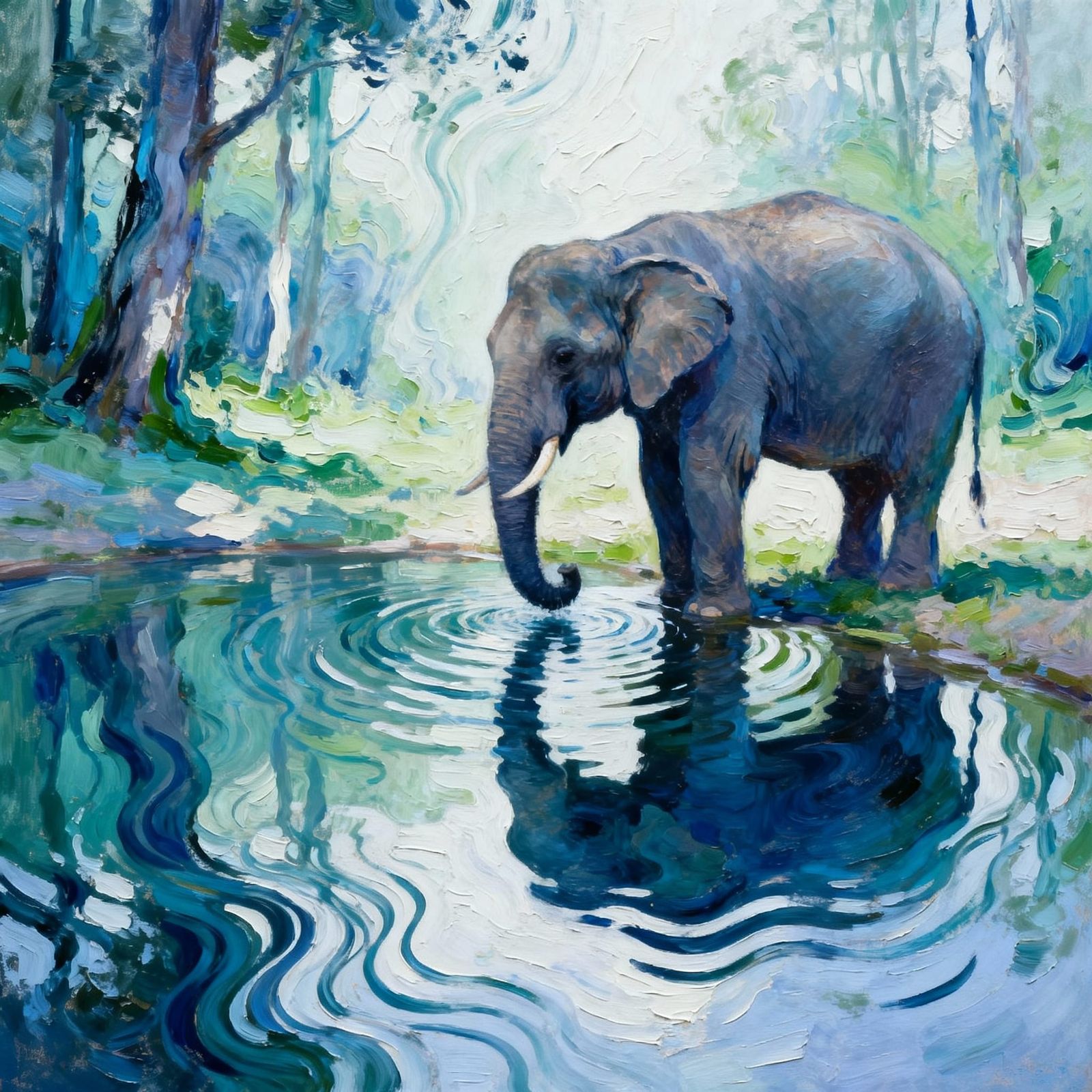 Richly textured somewhat impasto oil painting of an elephant...