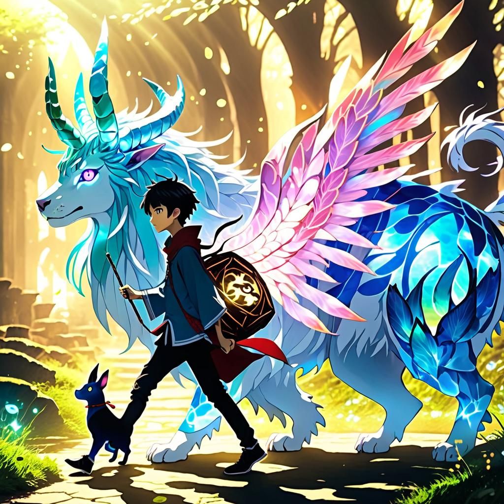 Boy Walks Magical Pet in Fantasy Anime Style