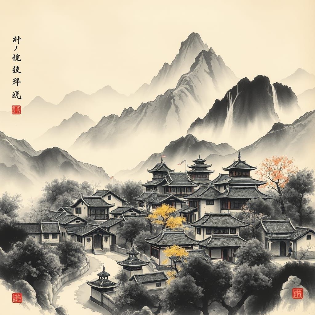 A traditional Chinese ink brush painting of a village