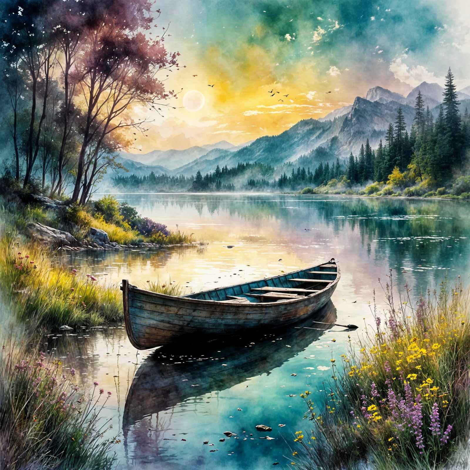 Pastel Sunrise Over Misty Lake with Rowboat