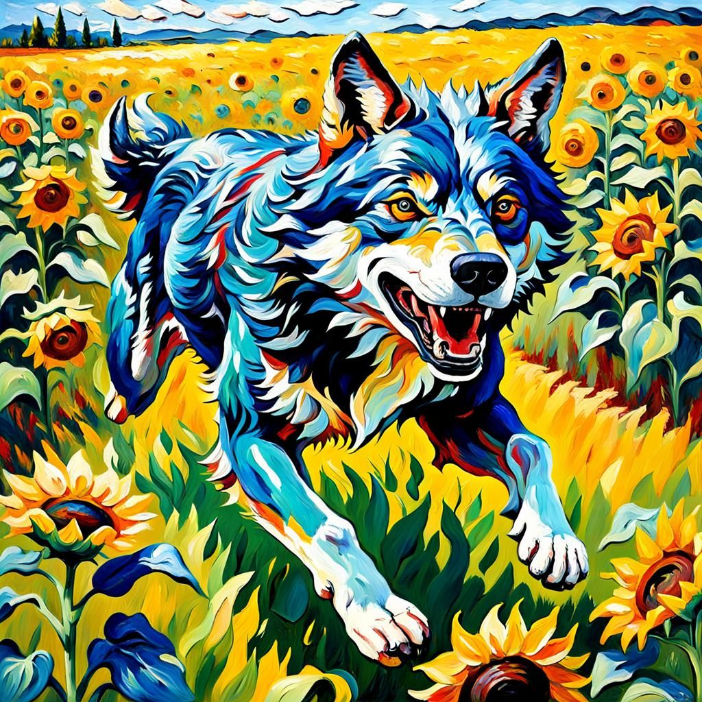 Leaping Wolf Amidst Sunflowers: Neo-Impressionist Oil Painti...