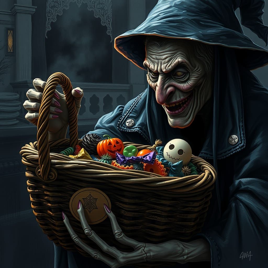 Ominous Crone and Halloween Basket, in Gothic Style