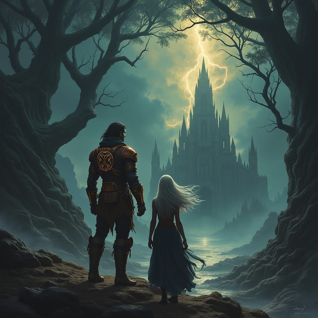 Epic Fantasy Cover: Warrior and Sorceress Defy the Storm in...