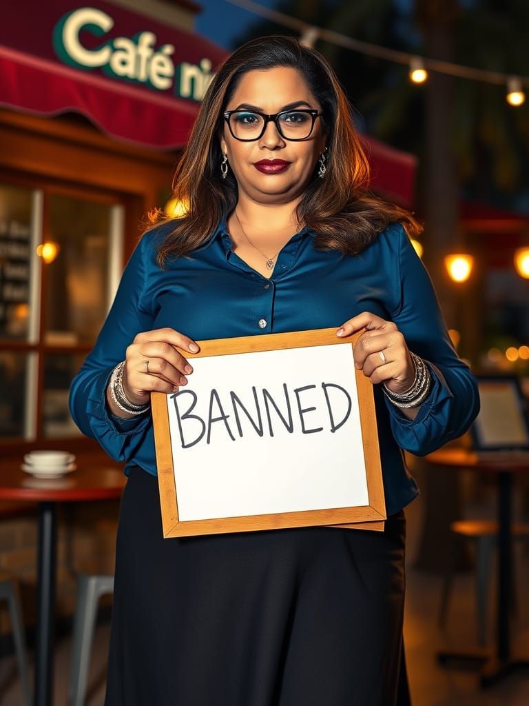 Empowered Curvy Woman Defies Society in Midnight Cafe