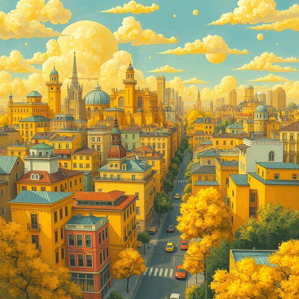 Vibrant Yellow Cityscape in Dreamlike Style