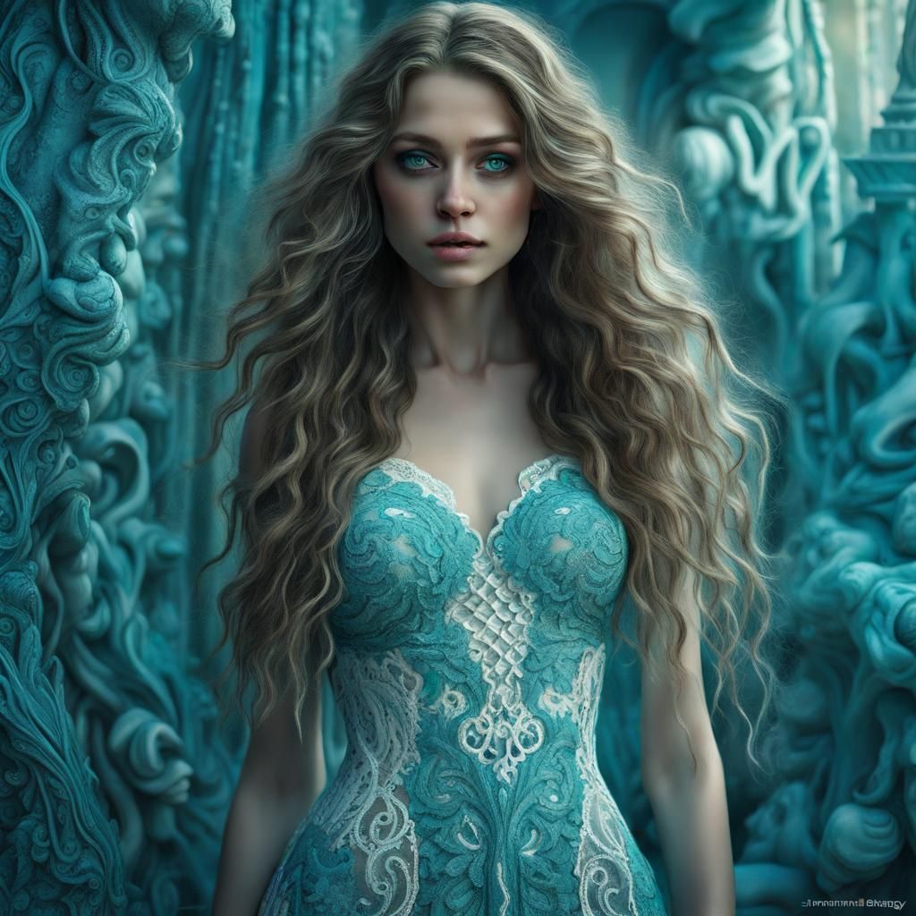 Elegant Woman in Turquoise Lace: Digital Art