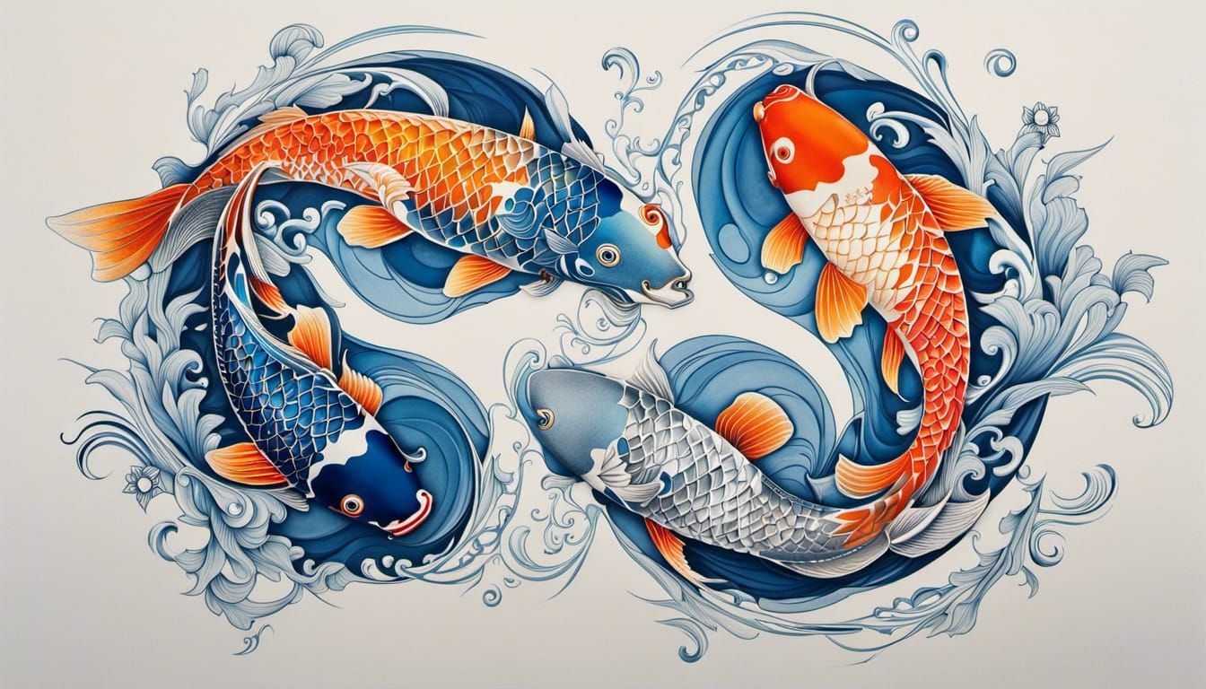Yin-Yang Koi Fish Silhouette Fine Line Drawing