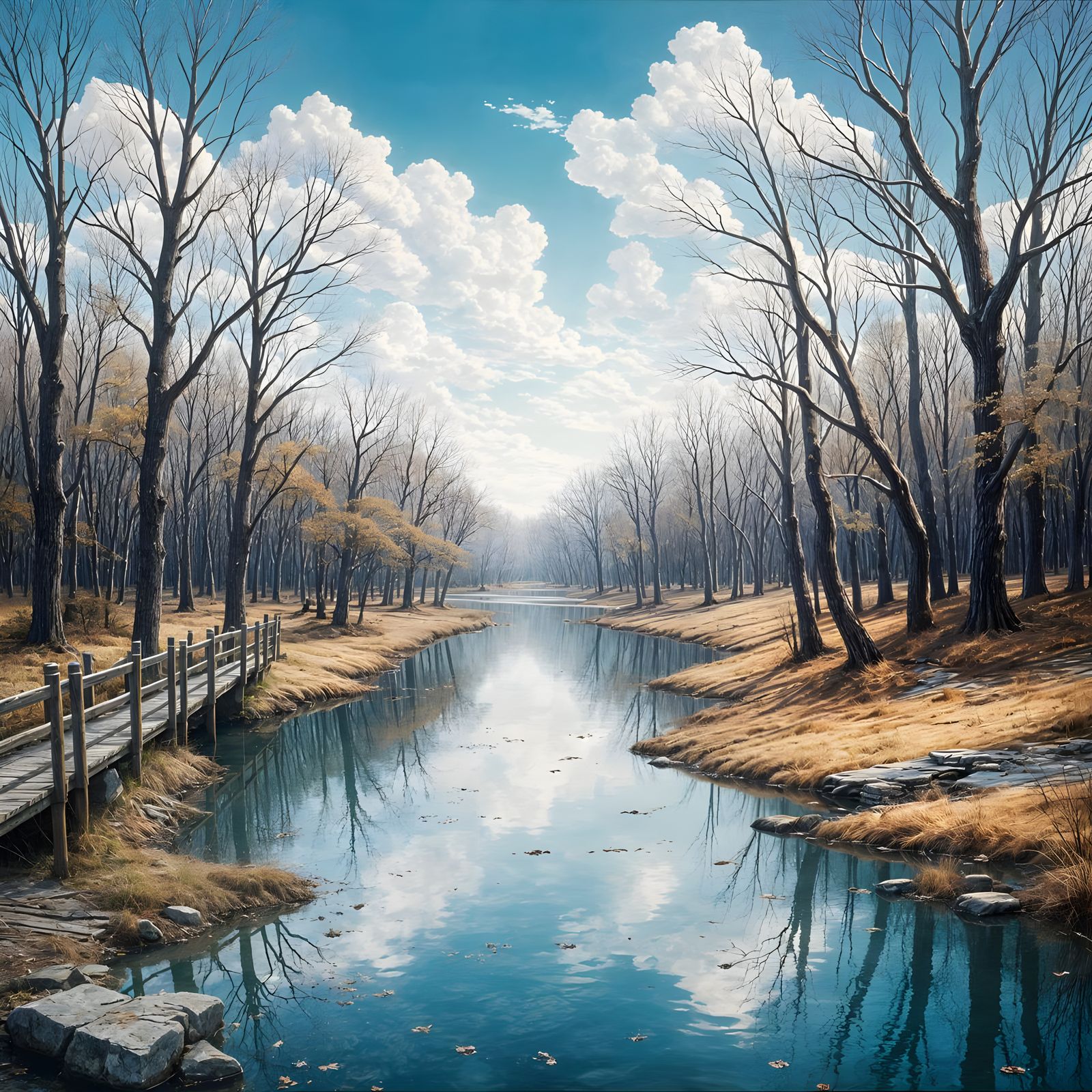 Whimsical Watercolor Scene of a Serene River Landscape