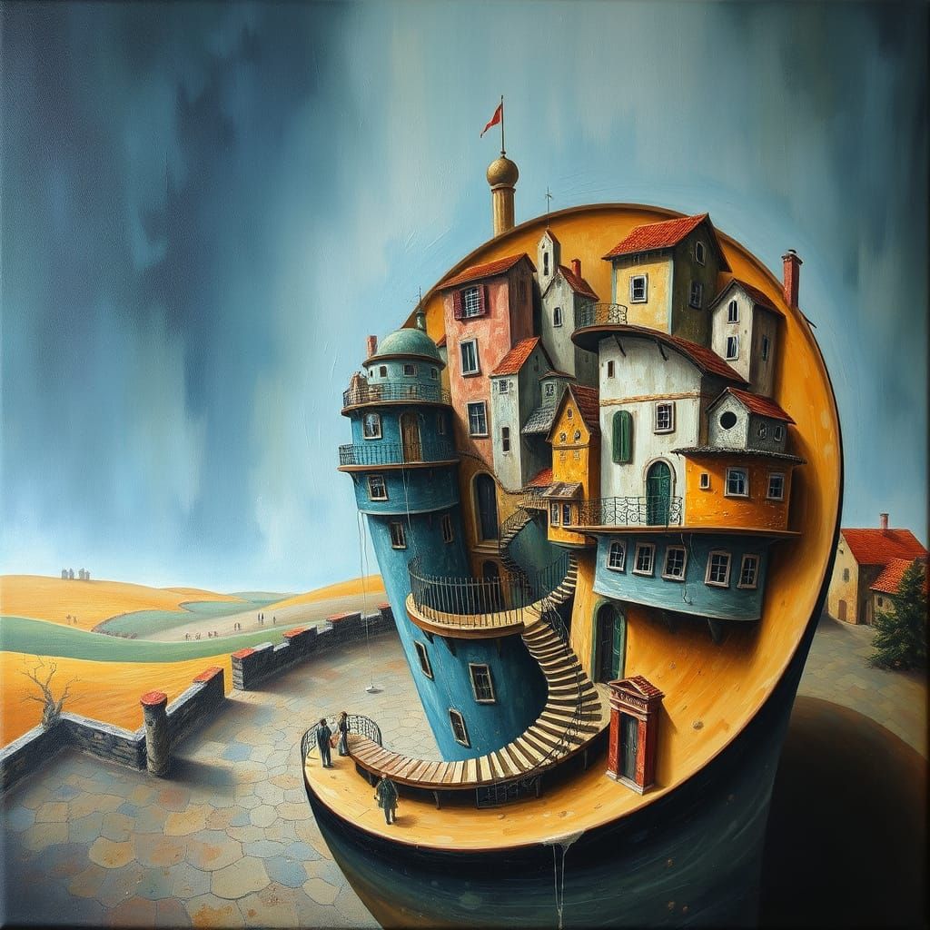 Surreal Spiral Cityscape in Dreamlike Oil Painting