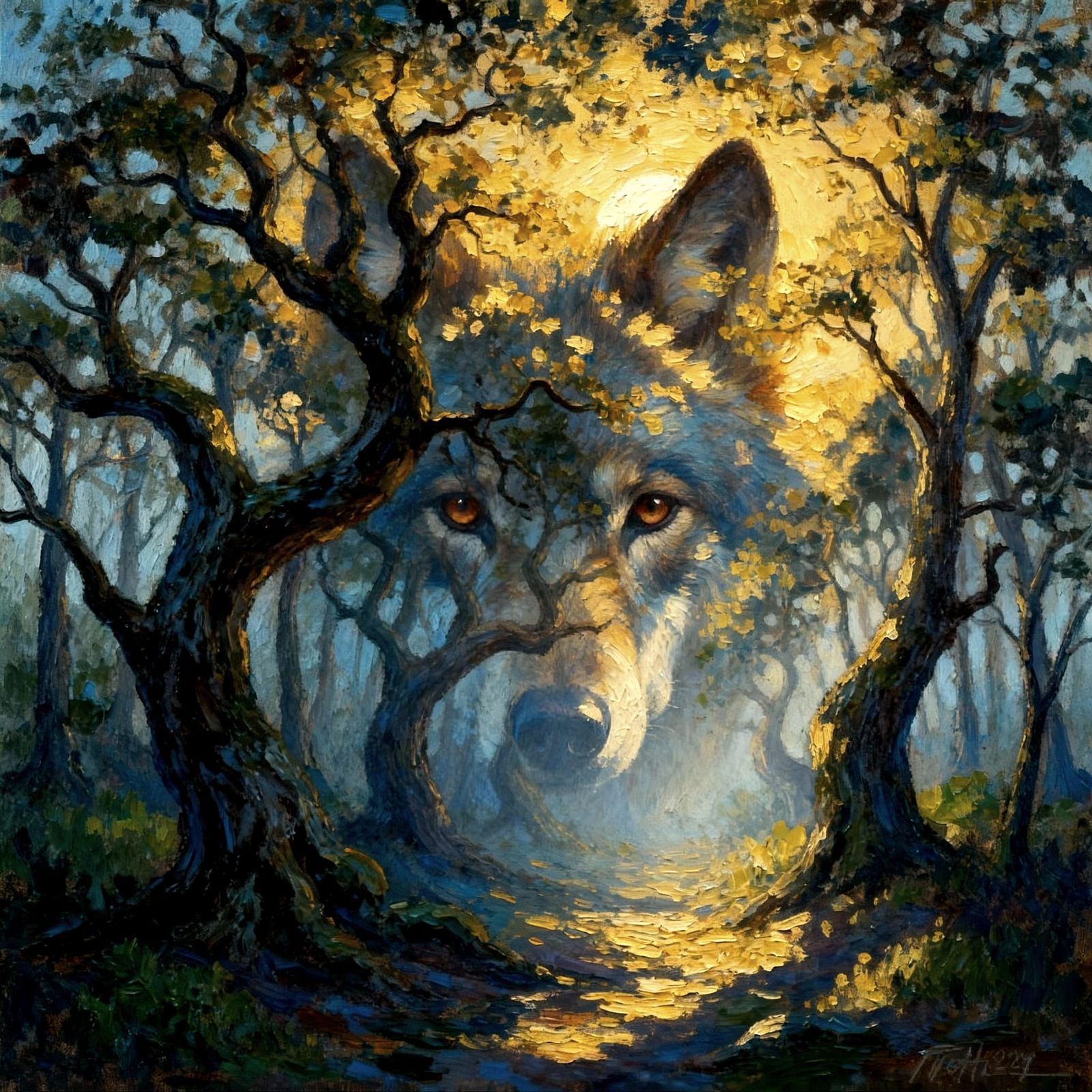 Impressionist Wolf Portrait in Moonlit Forest