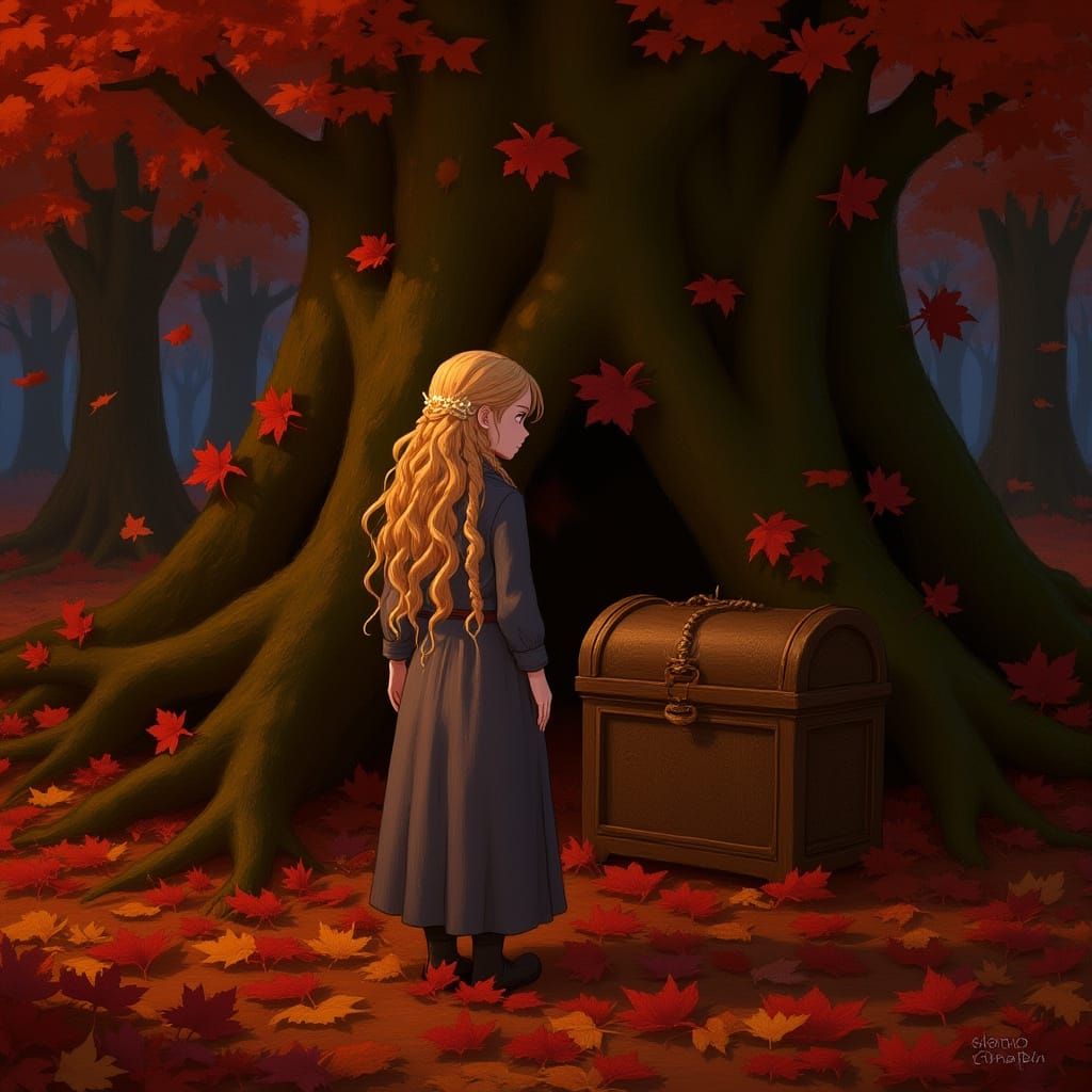 Woman in Autumn Forest with Ancient Treasure