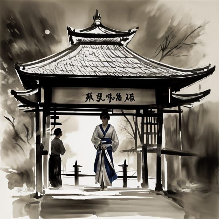 Serene Geisha Near Pagoda in Ink Splash Style