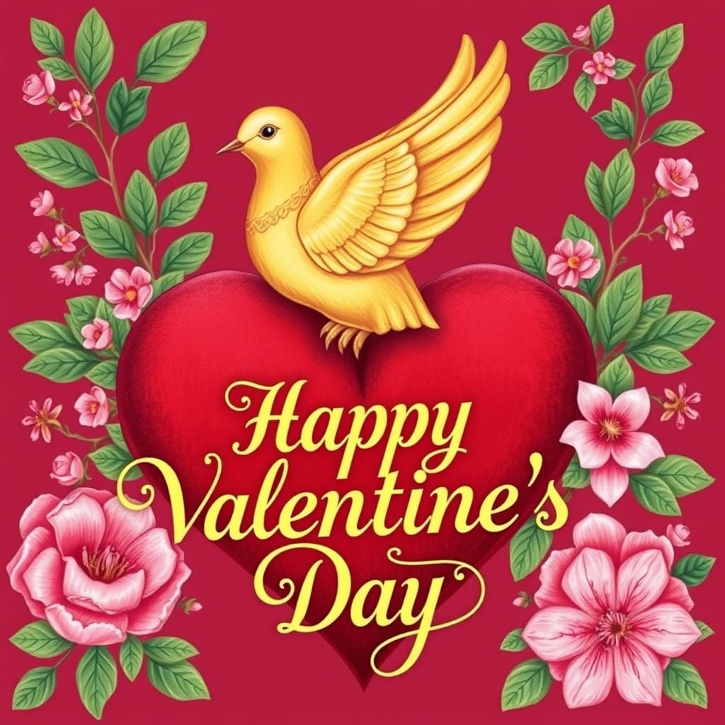 Golden Dove on Velvet Heart in Art Deco Style