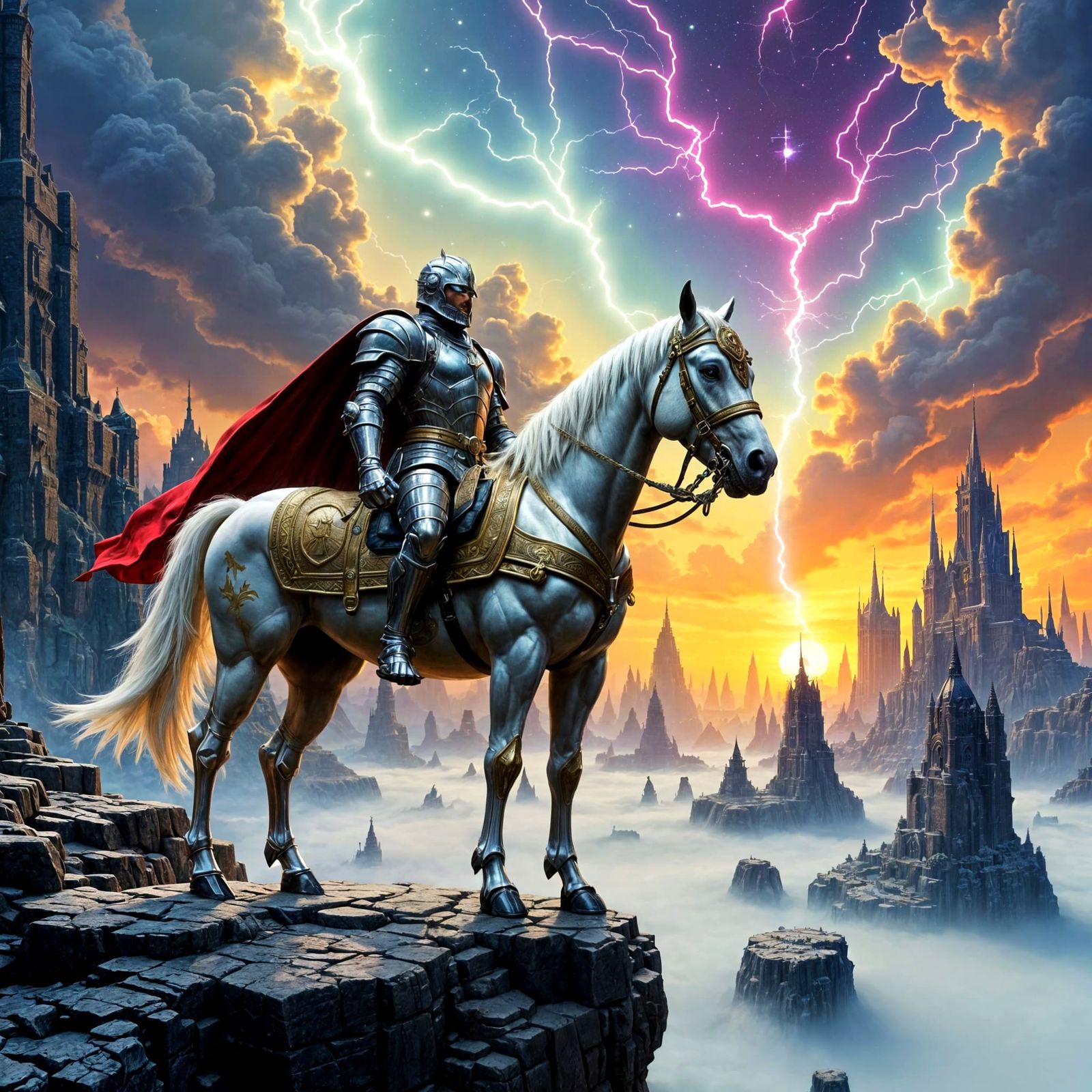 Knight on Horse Overlooks Fantasy Kingdom in Stormy Sky