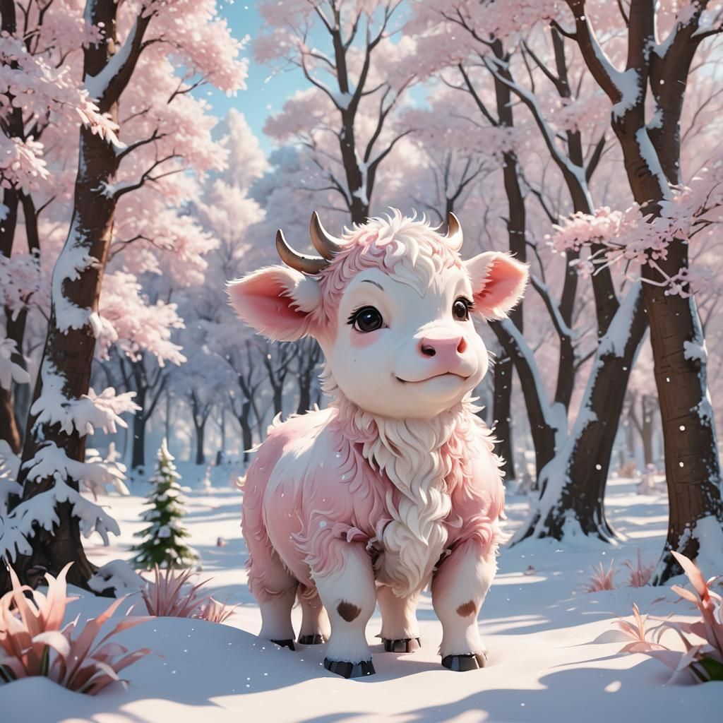 Adorable Pink Calf Plays in Snowy Anime Landscape