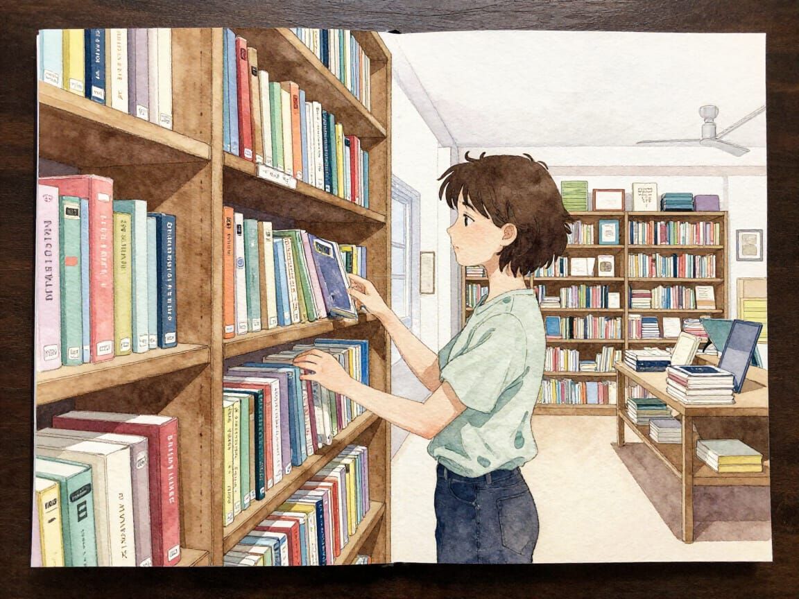 Hope Punk Librarian in Solar Punk Library Watercolor